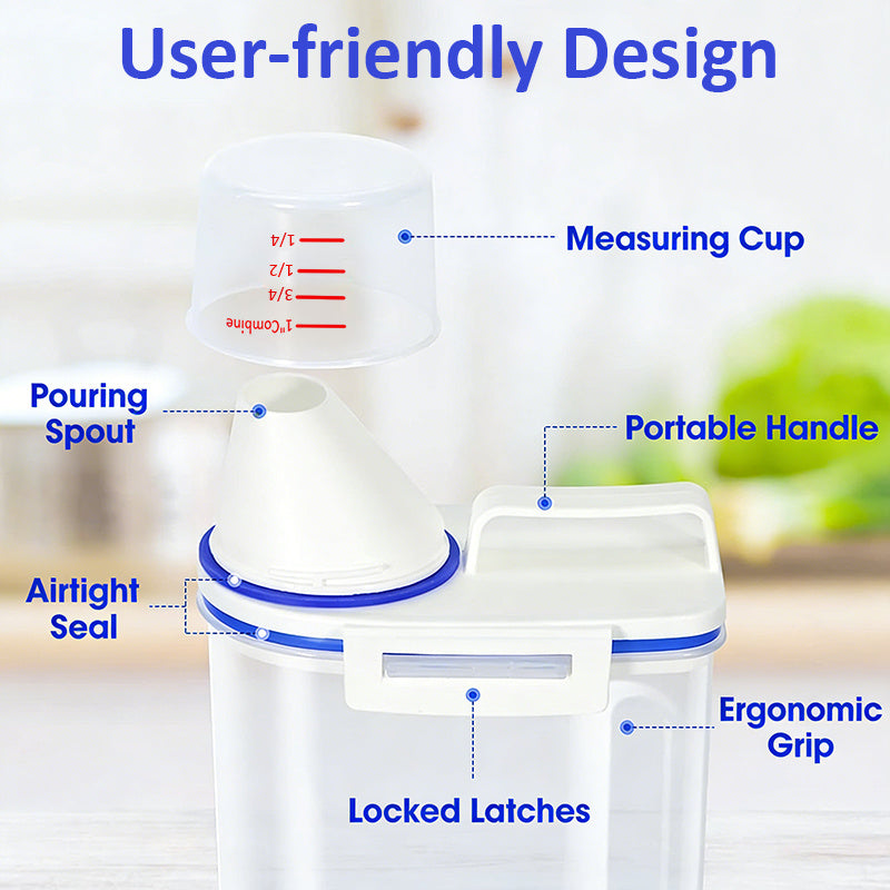 Food Storage Canisters 4 Pack Large Capacity Transparent PP Plastic with Measuring Cups and Scale Markings, Flip Top Lid Airtight Kitchen Pantry Containers for Rice Flour Grains Dog Food Organization