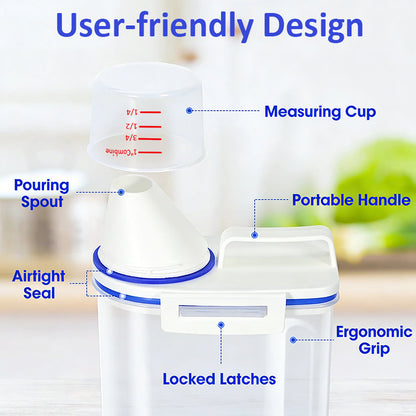 Food Storage Canisters 4 Pack Large Capacity Transparent PP Plastic with Measuring Cups and Scale Markings, Flip Top Lid Airtight Kitchen Pantry Containers for Rice Flour Grains Dog Food Organization