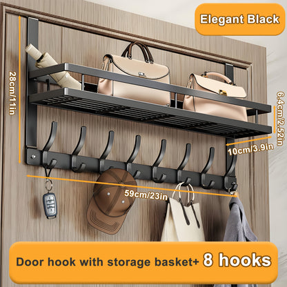 Behind Door Hook Rack No Drill – Heavy Duty Metal Door Hanger Organizer with 5 6 or 8 Hooks, Space-Saving Storage for Clothes Bags Keys, Bedroom Bathroom Entryway Wardrobe, Modern Design