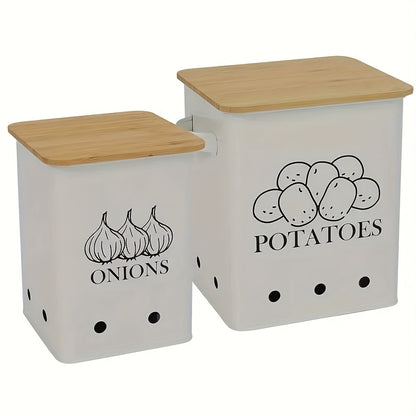 Potato Onion Storage Bin with Wooden Lid & Aerating Holes, Kitchen Vegetable Canister Organizer for Onion Potato Garlic Fruit, Countertop Food Storage Container Black White Green