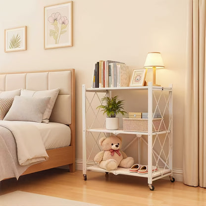 Portable Storage Rack with Lockable Wheels, 3 or 4 Tier Foldable Shelving Unit, Carbon Steel Floor Standing Shelf for Bedroom Bathroom Balcony Garden, No Assembly Required, Space Saving Rolling Organizer