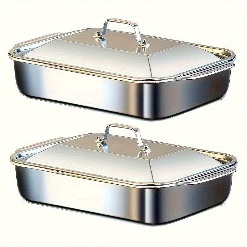 Stainless Steel Roasting Pan Set 4pcs with Lids – 6L Large Capacity 16-Inch Deep Baking Pans for Turkey Lasagna Fish Chicken, Dishwasher Safe, Thanksgiving Christmas Gift
