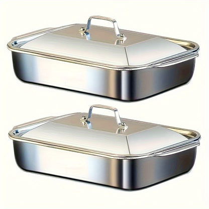 Stainless Steel Roasting Pan Set 4pcs with Lids – 6L Large Capacity 16-Inch Deep Baking Pans for Turkey Lasagna Fish Chicken, Dishwasher Safe, Thanksgiving Christmas Gift