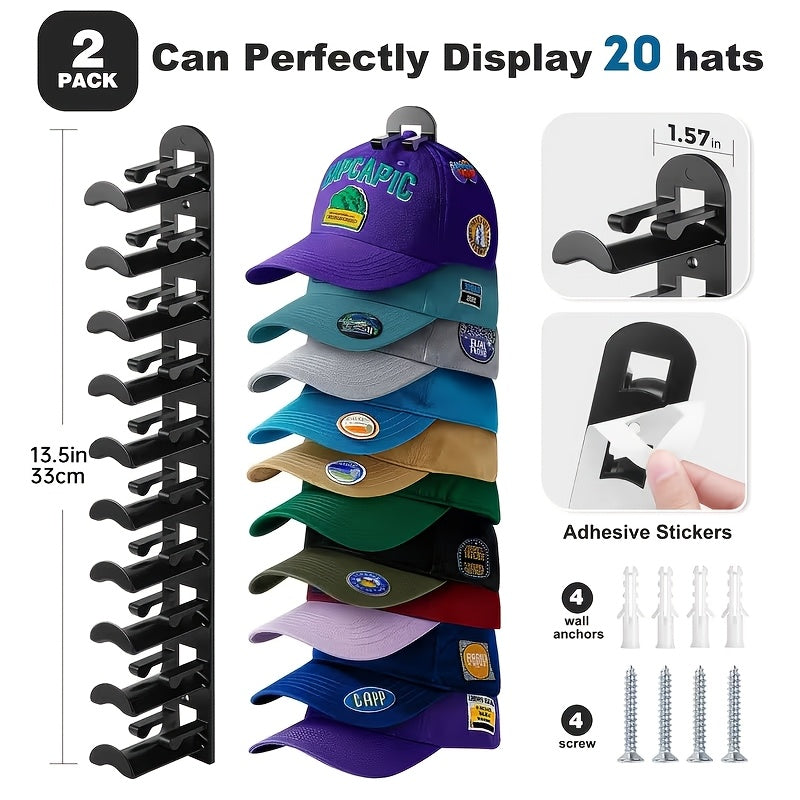 Hat Rack for Baseball Caps Wall Mounted 2 Pack – Multilayer Adhesive or Drill Mount Hat Organizer Holds Up to 20 Hats, Durable Plastic Hat Hooks for Closet Door Bedroom Wall, Black or White Hat Storage