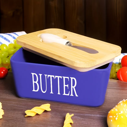 Ceramic Butter Dish with Lid and Knife - Large Capacity Countertop Butter Keeper Airtight Seal Easy Clean, 12 Colors Yellow Blue Grey Pink Black Orange, Kitchen Gift