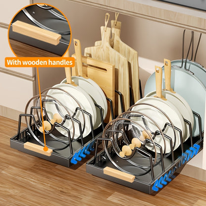 Pull-Out Cabinet Organizer with Adjustable Dividers – Sliding Pot Lid Holder & Pan Rack for Kitchen Cabinets, Drill-Free Install, Space-Saving Under Cabinet Storage for Lids, Pans & Bakeware