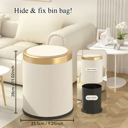 Dual Bucket Trash Can Oval Push Lid 3.17 Gallon – Odor-Sealing Recycling Waste Bin with Golden Accent, Modern Plastic Garbage Can for Kitchen, Bathroom, Bedroom & Living Room