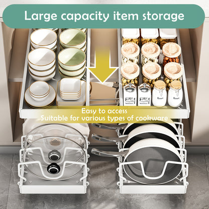 Pull Out Cabinet Organizer Set of 2 - Slide Out Pot and Pan Organizer for Under Cabinet, Pot Lid Holder Rack with 8 Adjustable Dividers, Drill-Free Kitchen Cabinet Cookware Storage Shelf, Black