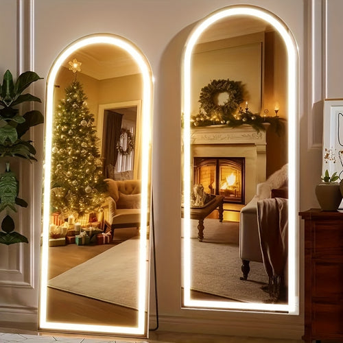 Full Length Mirror Floor Standing with LED Lights – Arched & Rectangle Aluminum Frame Dressing Mirror for Bedroom & Living Room, Black Gold White, 16x59 / 21x64 / 26x71 Inch