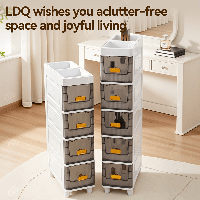 Slim Storage Cabinet with Drawers 3 4 5 6 Tier, Waterproof PP Plastic Drawer Organizer Unit for Bathroom Kitchen Bedroom, Narrow Rolling Storage Cart with Wheels for Small Spaces