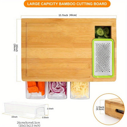 Bamboo Cutting Board with Trays and Drawers, Large Chopping Board with Food Sliding Opening and Stackable Airtight Containers for Food Storage Transport and Cleanup, Kitchen Gift for Home Cooks