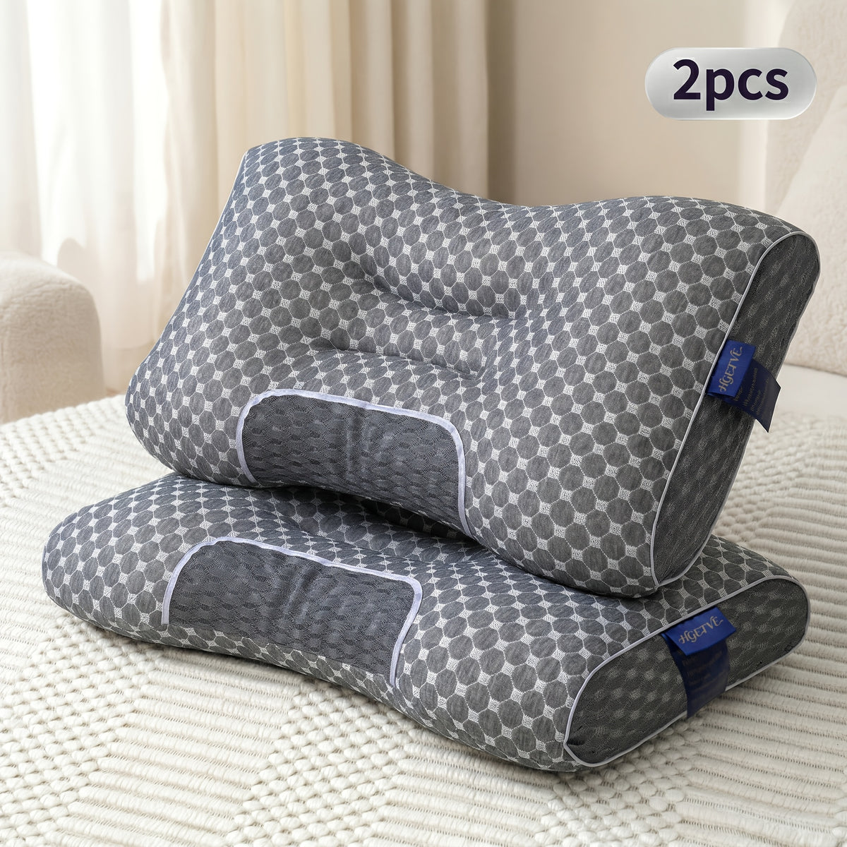 Neck Pillow Set 2 Pack Breathable Ergonomic Design with Removable Zippered Pillowcase - Relieves Shoulder Neck Pressure, 6 Colors Gray Purple Blue Green, Bedroom Travel