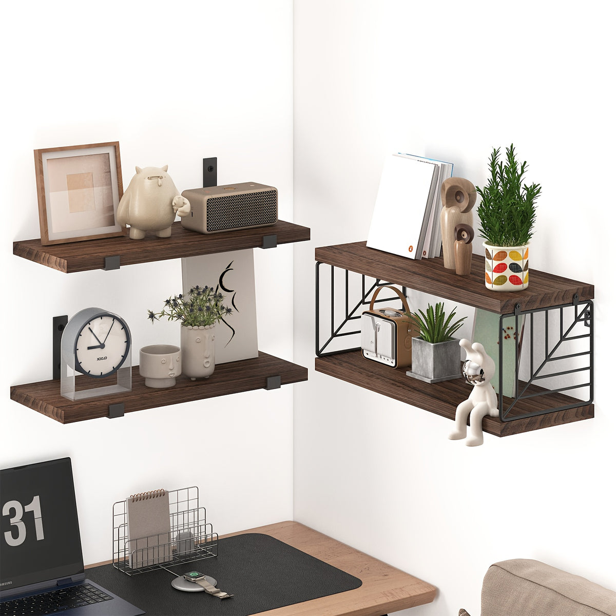 Floating Wall Shelves Over Toilet 3+1 Tier, Farmhouse Rustic Wood Bathroom Shelf Organizer 16x6 Inch, Wall Mounted Storage Rack for Bathroom Living Room Bedroom, Dark Brown & Light Brown