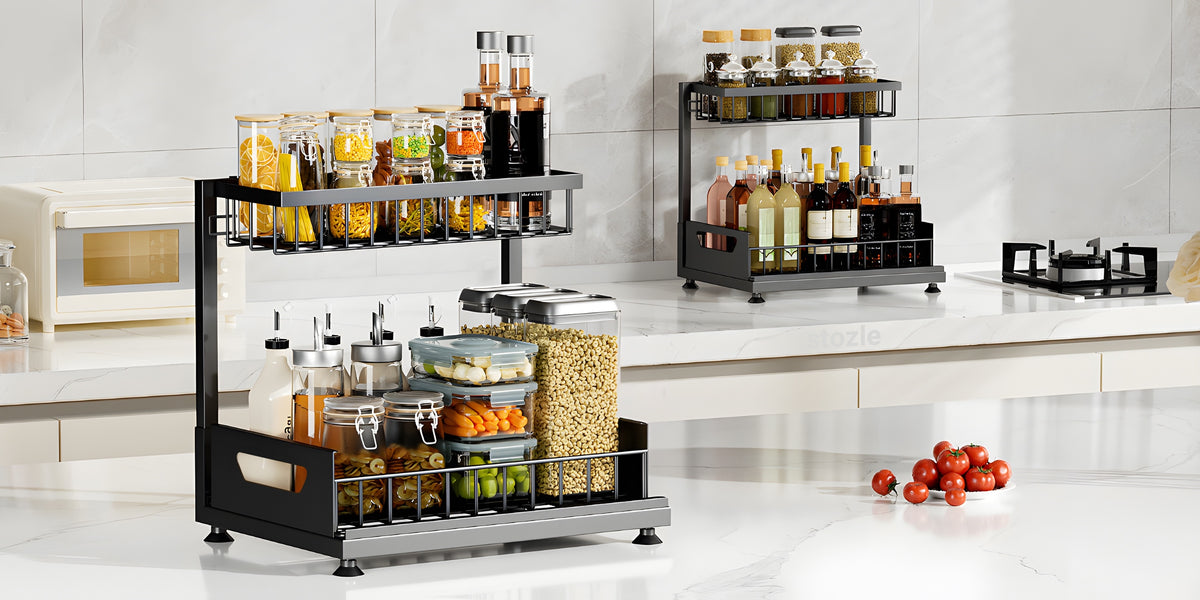 Under Sink Organizer 2-Tier Pull-Out Cabinet Storage with Metal Sliding Drawers – Kitchen Bathroom Countertop Tabletop Organizer Rack, Space-Saving Push-Pull Shelf for Kitchen Accessories, 1 or 2 Pack