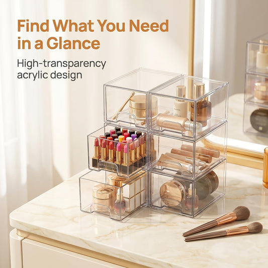 Clear Stackable Storage Drawers Acrylic Organizer – 6 or 8 Pack Plastic Bins for Bathroom Makeup Vanity Kitchen Pantry Home Organization, 7.5"D x 6"W x 4.4"H