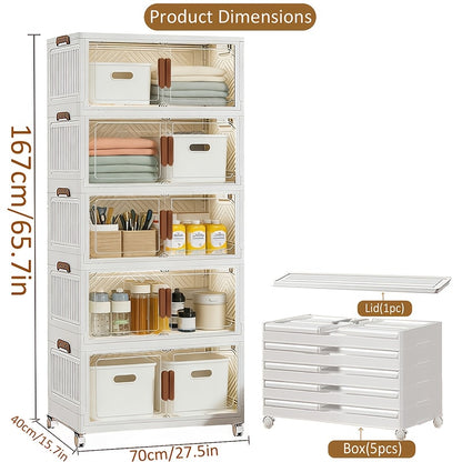 Stackable Storage Locker with Doors and Wheels - Collapsible Plastic Cabinet 1-5 Layers Large Capacity Home Organization for Bedroom Living Room Kitchen