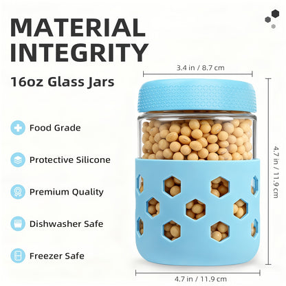 Airtight Glass Food Storage Jars with Silicone Sleeves 6 Pack – 16oz Moisture-Proof Pantry Canisters for Tea Grains Nuts Snacks & Yogurt, Leak-Proof Kitchen Organization Containers with Lids