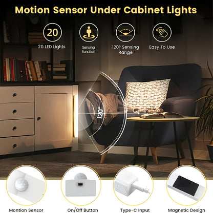 Motion Sensor LED Cabinet Light USB Rechargeable 12-Pack, 12 LED Wireless Night Light 3 Modes Wall Mount for Bedroom, Staircase, Kitchen, Closet & Hallway – 10cm, 20cm or 30cm