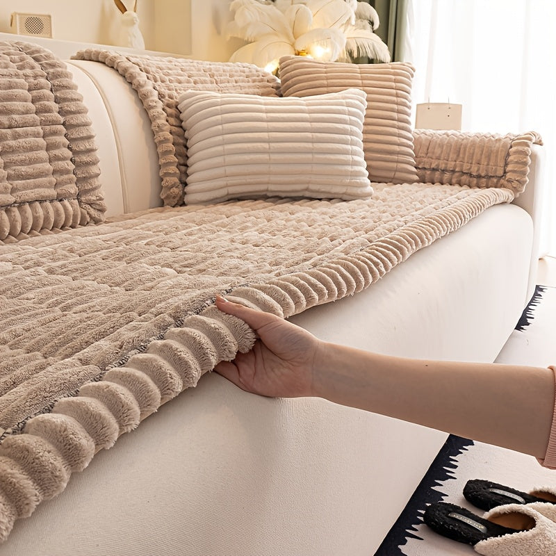 Sofa Cover Plush Velvet - Washable Stretch Couch Cover with Wavy Edge, Soft Shu Velveteen Sofa Protector for 1 2 3 4 Seater, Easy Install Furniture Cover in White Khaki Gray