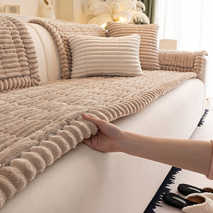 Sofa Cover Plush Velvet - Washable Stretch Couch Cover with Wavy Edge, Soft Shu Velveteen Sofa Protector for 1 2 3 4 Seater, Easy Install Furniture Cover in White Khaki Gray