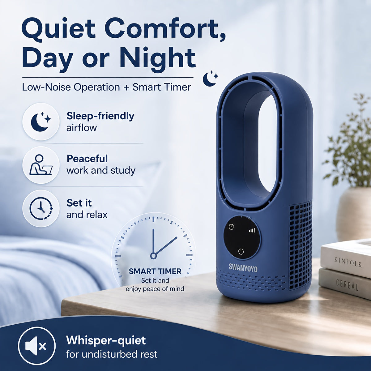 Desktop Bladeless Fan USB Powered – Water Mist Cooling Tower Fan with Remote Control, Touch Screen, 7-Color LED Light, Timer & Auto Shutdown, Portable for Office Home Travel Camping, Blue or White