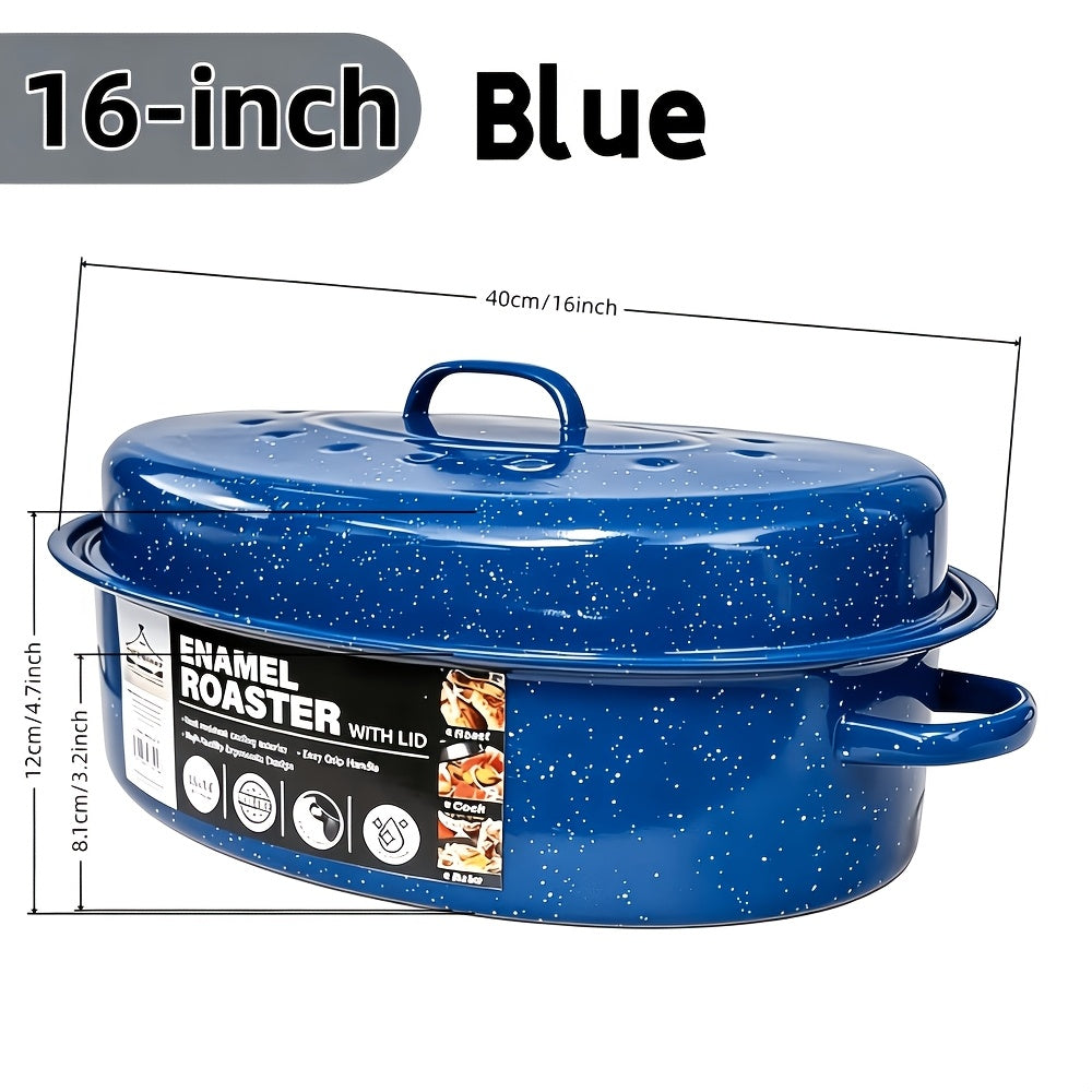 Granite Enamel Roasting Pan with Lid, Nonstick Carbon Steel Turkey Roaster for Oven, Large Bakeware for Chicken Roasting Soup Stew, Available in 13 and 16 Inch in Red Black and Blue
