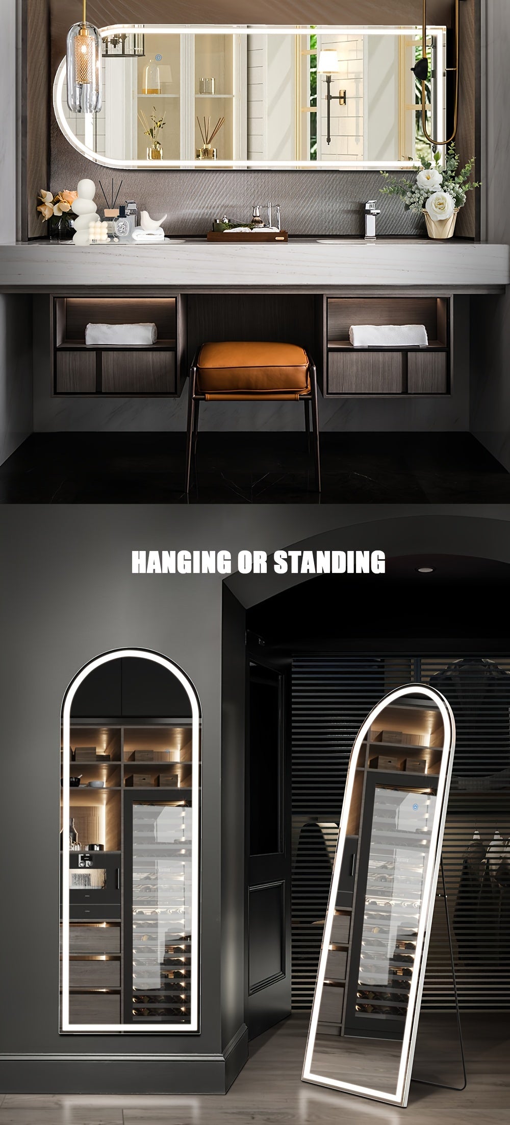 Full Length Mirror Floor Standing with LED Lights – Arched & Rectangle Aluminum Frame Dressing Mirror for Bedroom & Living Room, Black Gold White, 16x59 / 21x64 / 26x71 Inch