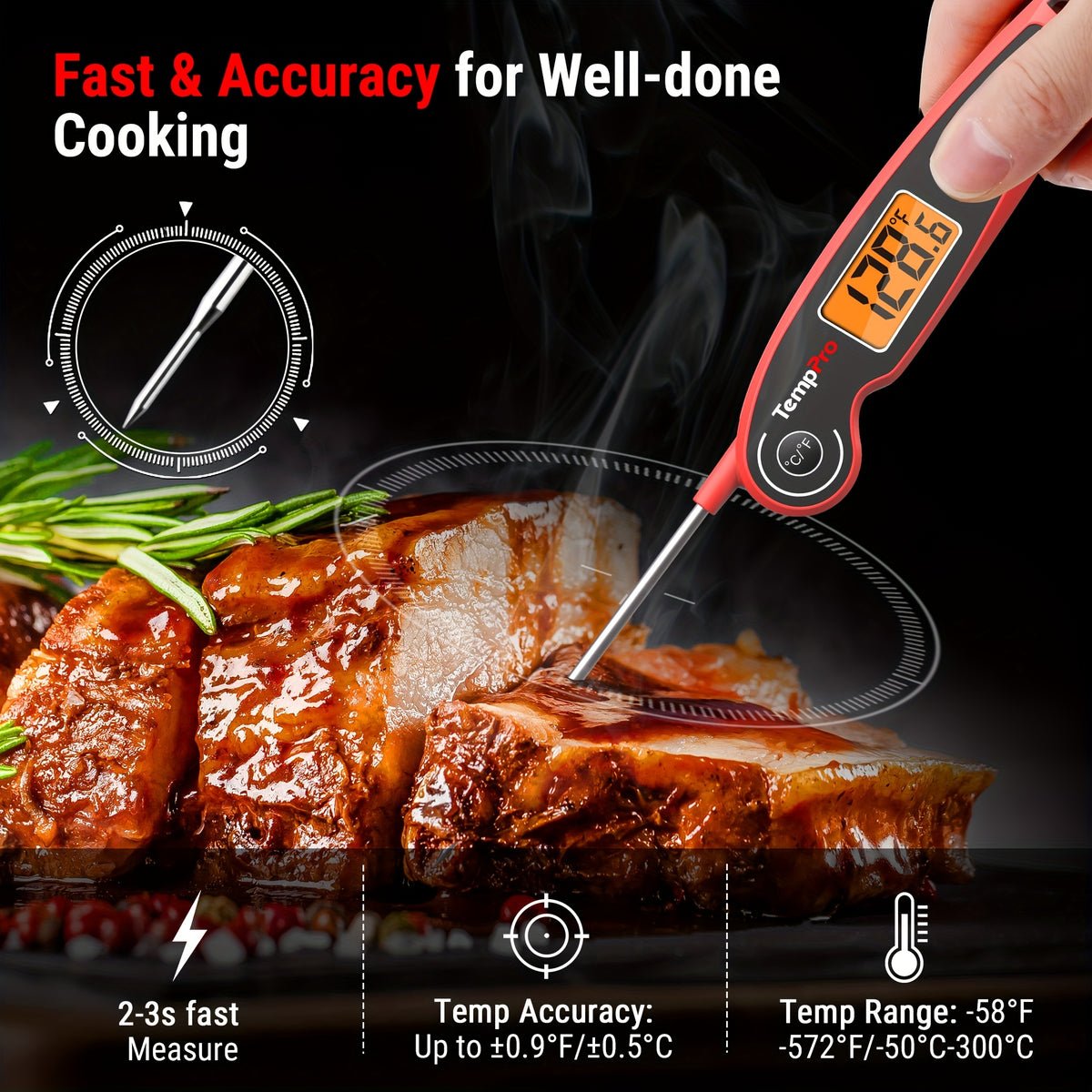 Instant Read Meat Thermometer with Motion Sensing – Digital Food Thermometer for Cooking, BBQ, Grill, Smoker, Candy & Oil, Fast 3-Second Read, Foldable Probe