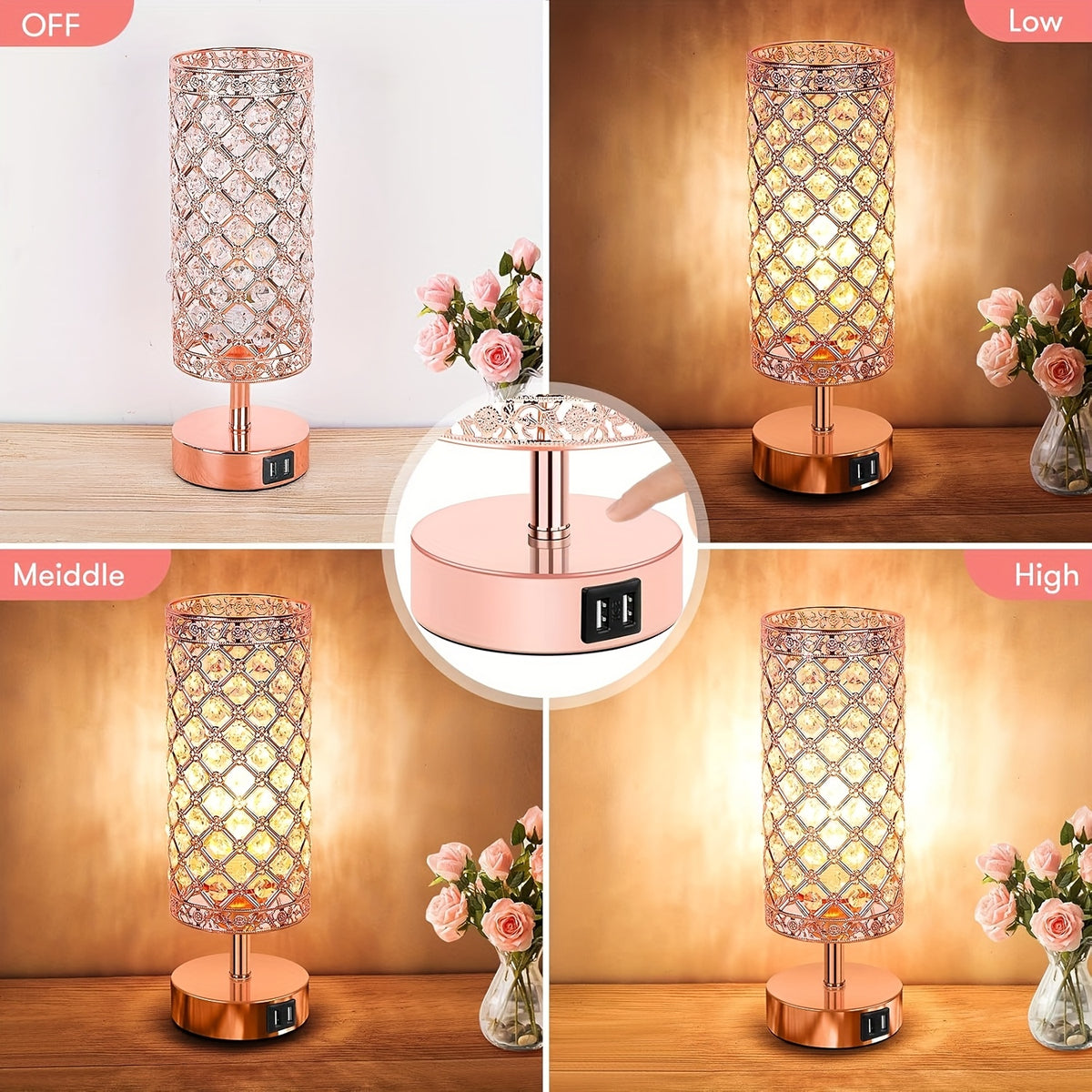 Crystal Table Lamp with Touch Control & 2 USB Ports – 3-Way Dimmable Bedside Nightstand Light for Bedroom, Living Room & Office, LED Bulb Included