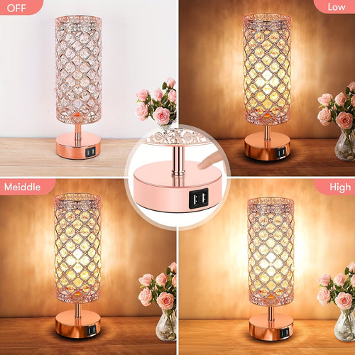 Crystal Table Lamp with Touch Control & 2 USB Ports – 3-Way Dimmable Bedside Nightstand Light for Bedroom, Living Room & Office, LED Bulb Included