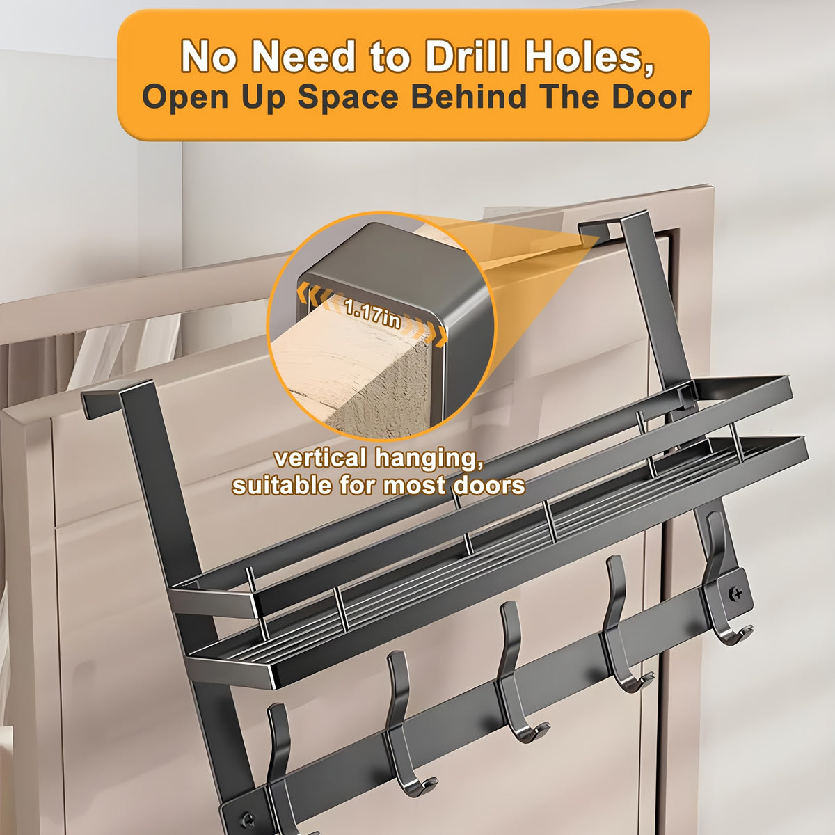 Behind Door Hook Rack No Drill – Heavy Duty Metal Door Hanger Organizer with 5 6 or 8 Hooks, Space-Saving Storage for Clothes Bags Keys, Bedroom Bathroom Entryway Wardrobe, Modern Design