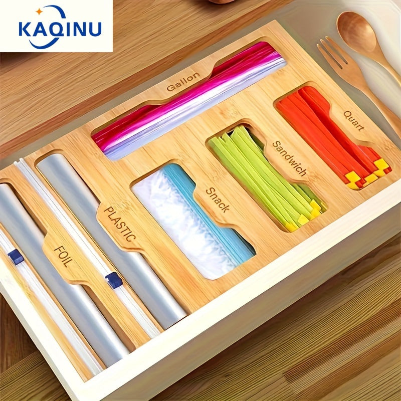 Bamboo Kitchen Drawer Organizer – Zip Bag, Foil & Plastic Wrap Dispenser with Built-In Cutter, Fits Gallon Quart Sandwich Snack Bags, Eco-Friendly Storage