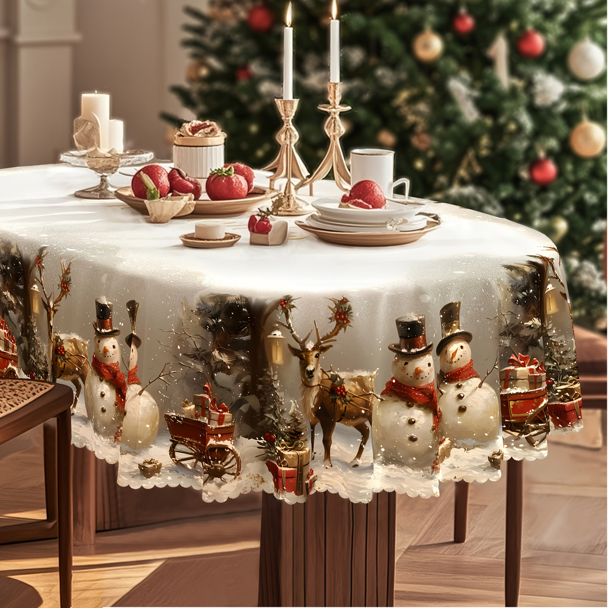 Christmas Tablecloth Vintage Snowman Reindeer & Christmas Tree Red, Durable Polyester Holiday Table Cover for Rectangular Round Oval Tables, Festive Xmas Party Home Restaurant Decoration