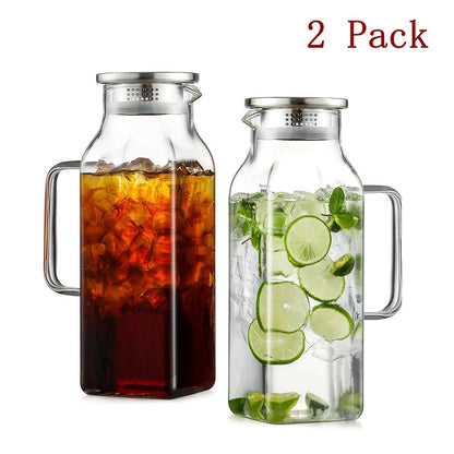 Glass Pitcher with Lid & Handle 68oz – Borosilicate Water Jug for Fridge, Iced Tea, Coffee Carafe & Cold Drinks, Heat Resistant, 304 Stainless Steel Lid, 1 or 2 Pack