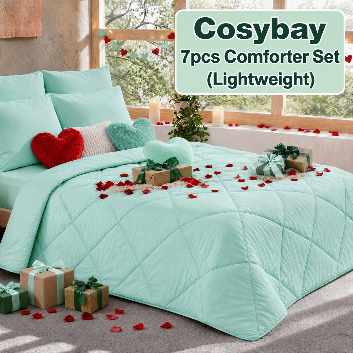 Pinch Pleated Comforter Set Queen King Full – 7 Piece Bed in a Bag with Sheets Pillowcases Pillow Shams, Hypoallergenic Down Alternative Microfiber Bedding 33 Colors All Season