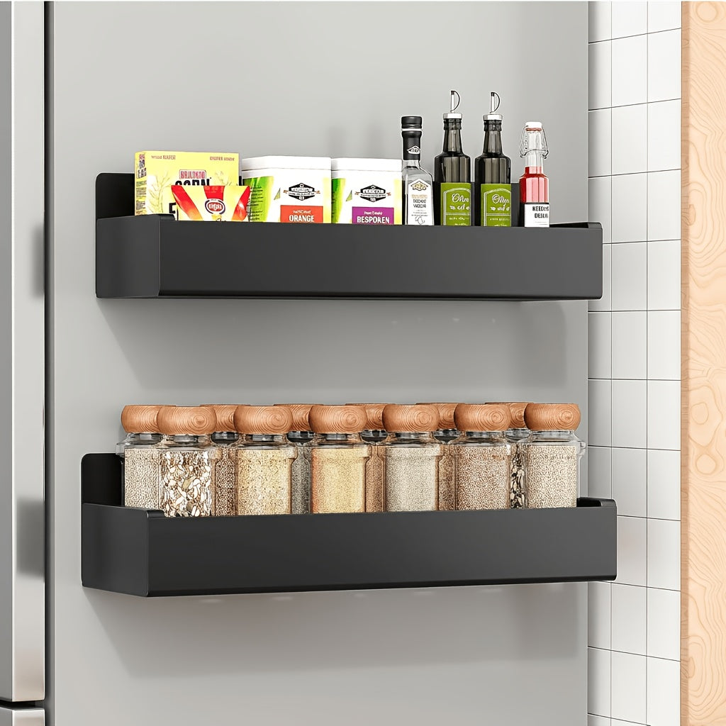 Magnetic Fridge Organizer Shelf Set - Movable Metal Refrigerator Storage Rack, Multi-Purpose Magnetic Spice Shelf for Kitchen & Bathroom, Space-Saving Side Wall Organizer, Black White 2pcs 4pcs