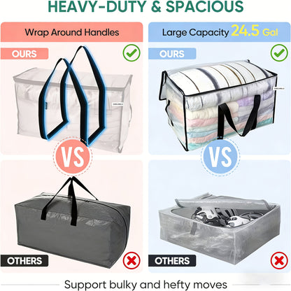 6pcs Heavy Duty Moving Bags with Reinforced Handles – Oversized Plastic Storage Totes with Snap-Close Lid for Clothes Quilts Moving Supplies Space Saver