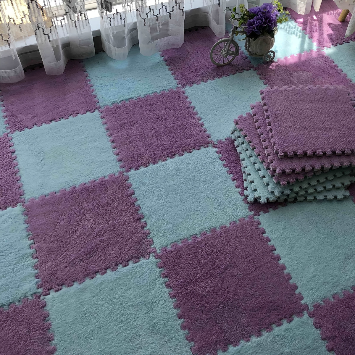 Interlocking Foam Floor Tiles 12pcs EVA Non-Slip Washable – Soft Solid Color Puzzle Mat for Bedroom Living Room Kids Play Area Pet Space, Grey Pink Apricot Purple