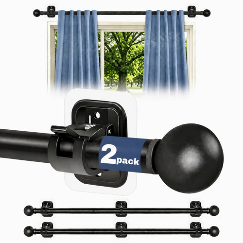 No Drill Curtain Rod with Adhesive Brackets – 5/8 Inch Diameter Tension Drapery Pole, No Hole Wall Damage, 2-Pack Black, Fits Windows 30 to 120 Inches