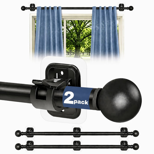 No Drill Curtain Rod with Adhesive Brackets – 5/8 Inch Diameter Tension Drapery Pole, No Hole Wall Damage, 2-Pack Black, Fits Windows 30 to 120 Inches