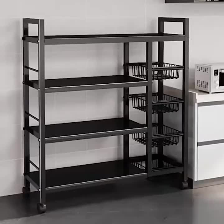 Rolling Storage Rack with Baskets Adjustable Metal Shelf on Wheels Kitchen Pantry Organizer Garage Bathroom Closet Utility Standing Shelf