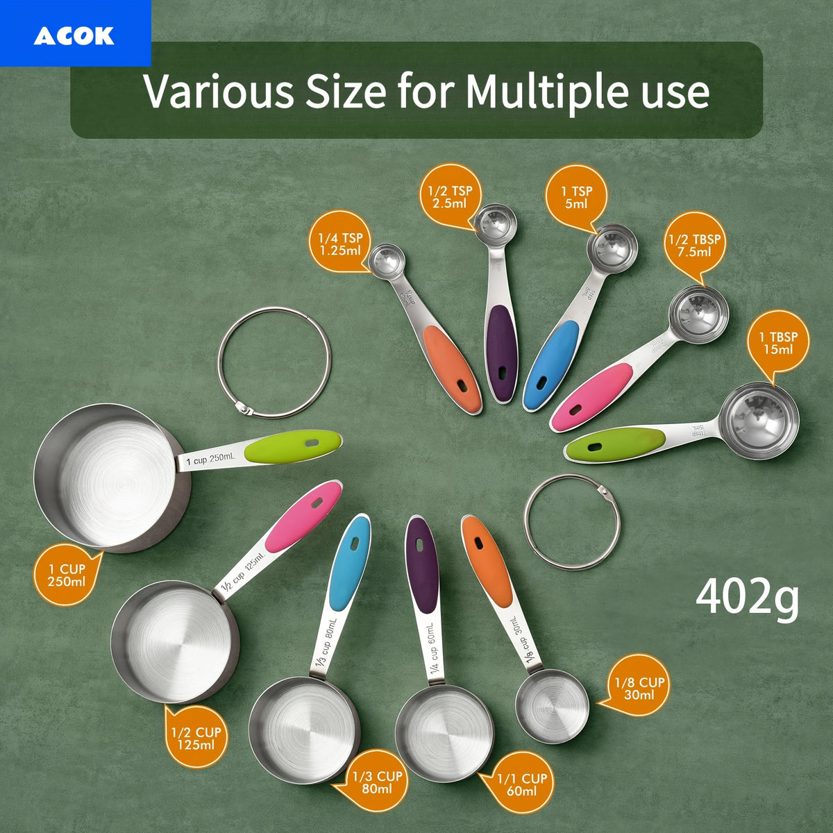 Measuring Cups and Spoons Set Stainless Steel with Silicone Handle – 5pcs Spoon Set or 10pcs Cup & Spoon Set, Precise Baking Tools for Cooking & Christmas Baking