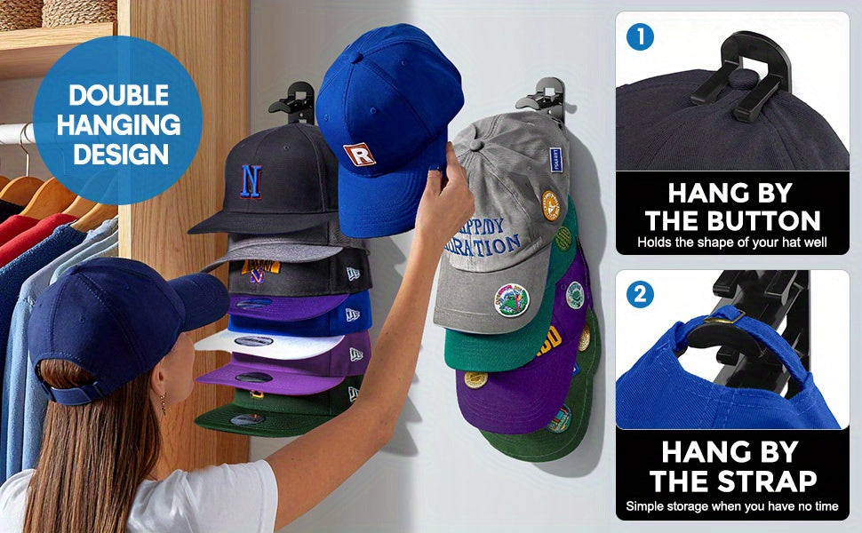 Hat Rack for Baseball Caps Wall Mounted 2 Pack – Multilayer Adhesive or Drill Mount Hat Organizer Holds Up to 20 Hats, Durable Plastic Hat Hooks for Closet Door Bedroom Wall, Black or White Hat Storage