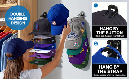 Hat Rack for Baseball Caps Wall Mounted 2 Pack – Multilayer Adhesive or Drill Mount Hat Organizer Holds Up to 20 Hats, Durable Plastic Hat Hooks for Closet Door Bedroom Wall, Black or White Hat Storage