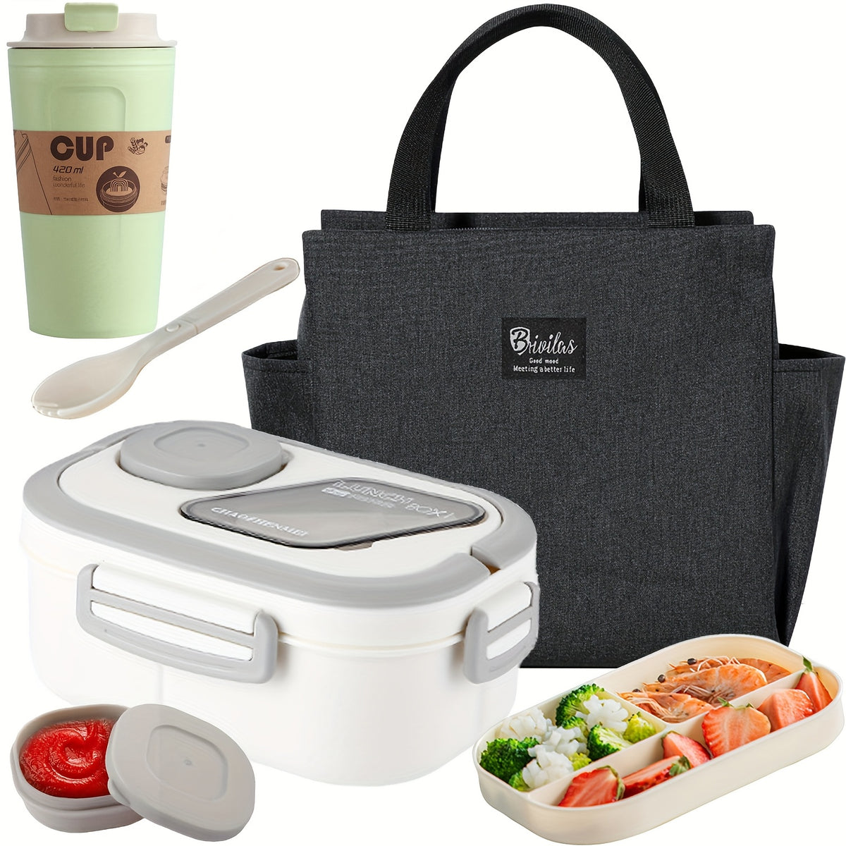 Bento Lunch Box Set with Bag and Cup, 2-Layer Multi-Compartment Meal Prep Container for School Office Picnic, Leakproof Food Storage Box with Insulated Lunch Bag, Pink Blue Green White