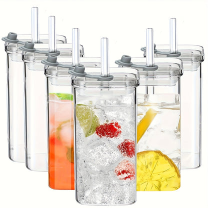 Borosilicate Glass Cups with Lid and Straw 4/6 Pack – Square Korean Style Drinking Glasses, BPA Free Leak Proof Transparent Tumblers for Coffee Juice Water, Multipurpose Kitchen Glassware Gift Set