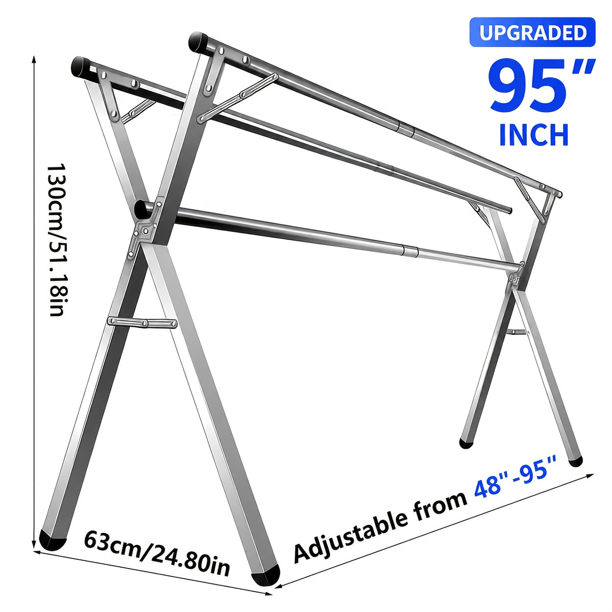 Foldable Clothes Drying Rack 3-Bar – Retractable Stainless Steel Laundry Drying Rack for Indoor & Outdoor Use, Heavy Duty Collapsible Clothesline, 63” / 79” / 95” Adjustable Length