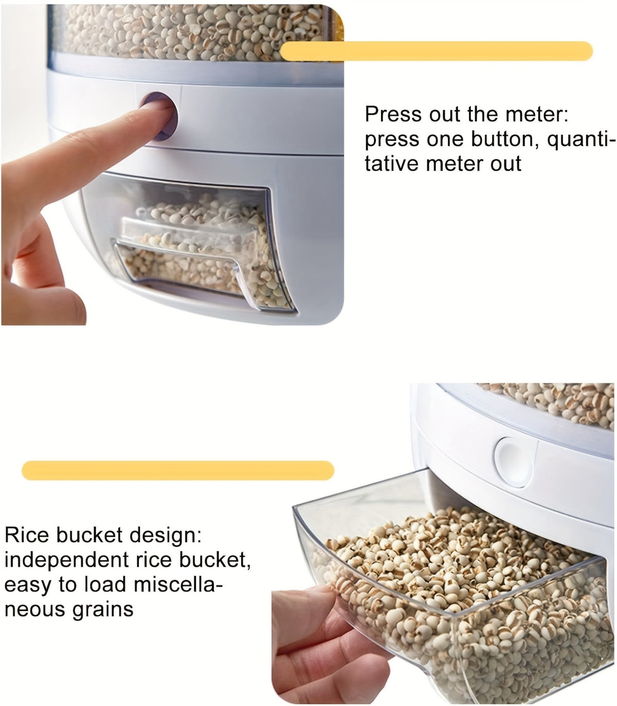 Rice Dispenser 19Lbs 360° Rotating Grain Storage Container with One-Click Output, Flip-Top Lid, Airtight Food Dispenser for Rice, Beans, Oats & Small Grains – Kitchen Pantry Organizer