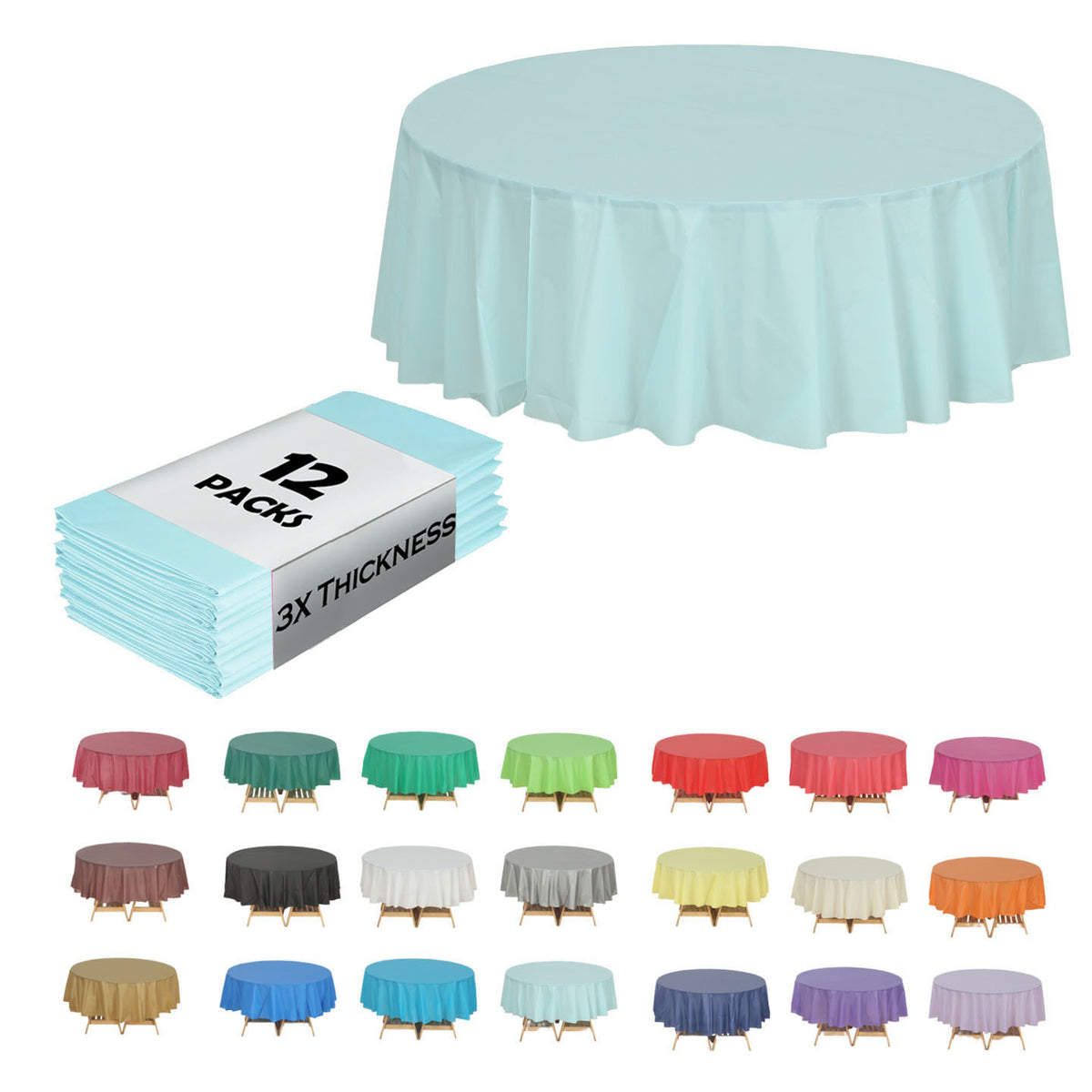 Disposable Plastic Tablecloth 12-Pack – Heavy Duty Table Cover for Parties, 84" Round & 54"x108" Rectangle, 22 Colors for Kitchen Dining Outdoor Events