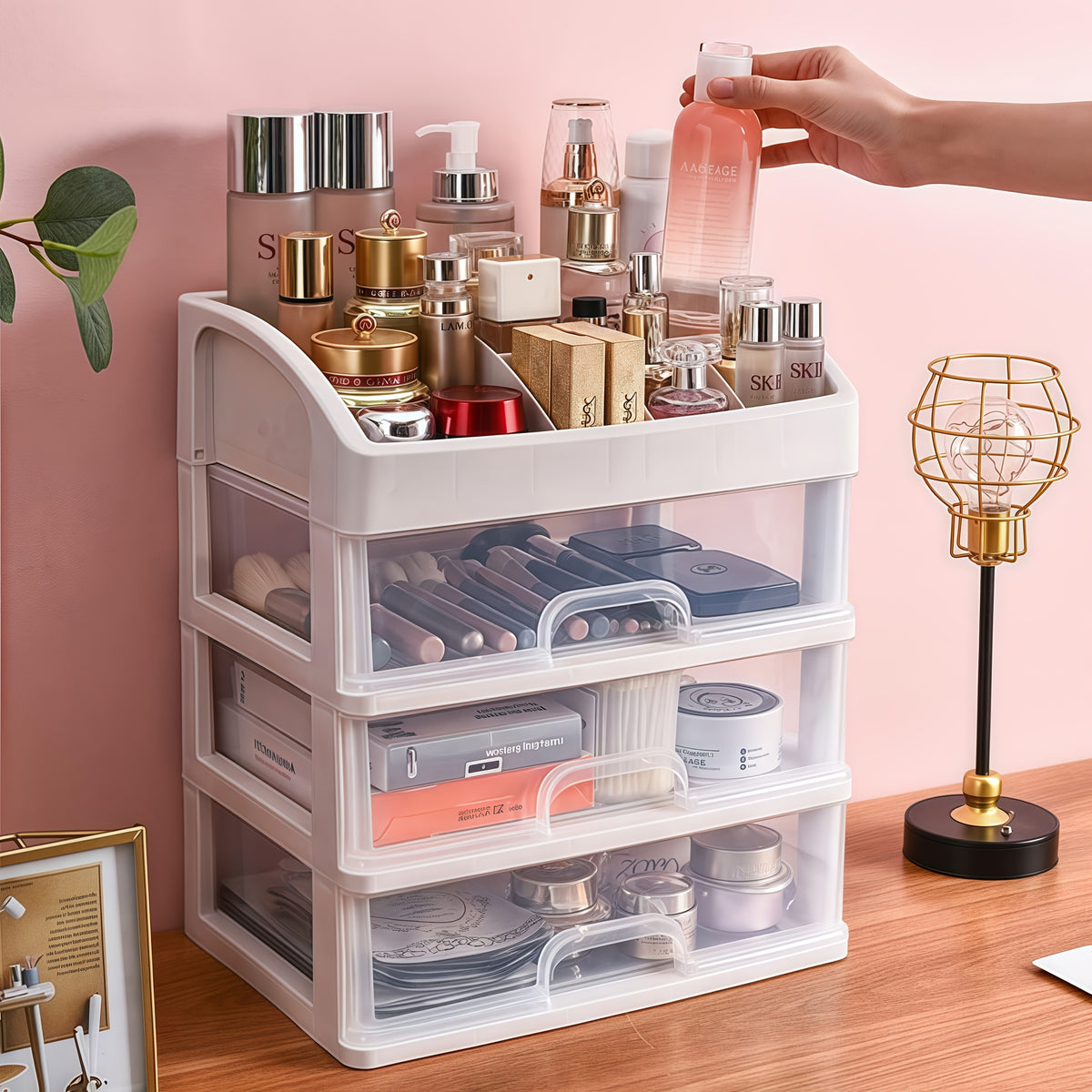 4-Layer Cosmetic Storage Organizer with 3 Pull-Out Drawers Large Capacity Skincare Makeup Desktop Rack No Assembly Bathroom Bedroom Vanity Organizer Gift for Women
